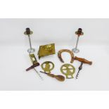 Mixed lot to include a brass lock, vintage corkscrew, pair of piston candlesticks etc, and a