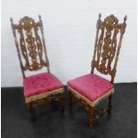 Pair of 19th century Carolean style bleached beech side chairs, with carved backs and upholstered