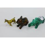 Hardstone Rabbit, malachite Rhino and a brass Dog, longest 12cm, (3)