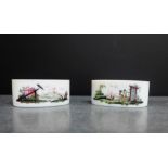 Pair of white opaque glass oval salts with painted quayside scenes, 8cm long, (2)