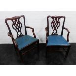 Pair of 19th century mahogany open armchairs with pierced interlaced splats and blue vinyl slip in