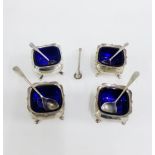 Set of four Victorian silver salts with blue glass liners, Walker & Hall, Sheffield 1896 (4)