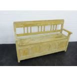 Light oak Monks style bench with storage trunk under seat, 98 x 250cm