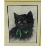 L.W. Fraser 'Black Cat with a Green Bow' Pastel, signed, in a glazed and ornate frame, 12 x 18cm