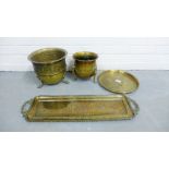 Eastern rectangular brass tray together with a circular tray and two brass planters (4)