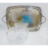 Epns twin handled tray together with a cut glass fruit bowl, (2)