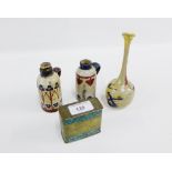 Two white glazed stoneware jars painted with brown and black pattern, a Roman style glass vase and a