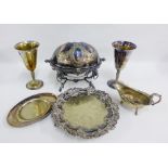 Collection of Epns wares to include a food warmer, sauceboat, card tray, goblets etc., (a lot)