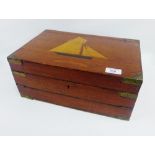 Stained pine writing box with hinged lid with boat motif to top, 36 x 23cm