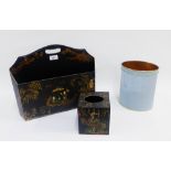 Chinoiserie toile ware magazine rack and tissue box cover together with a blue fabric covered