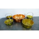 Large copper pan together, with some brass jelly pans, (5)