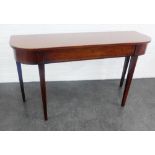 Mahogany and inlaid d end table with tapered legs, 74 x 131cm
