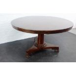 Early Victorian mahogany and rosewood breakfast table, the circular top on column and tripod base