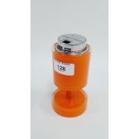 Retro style orange plastic and chromed metal table lighter, 14cm high