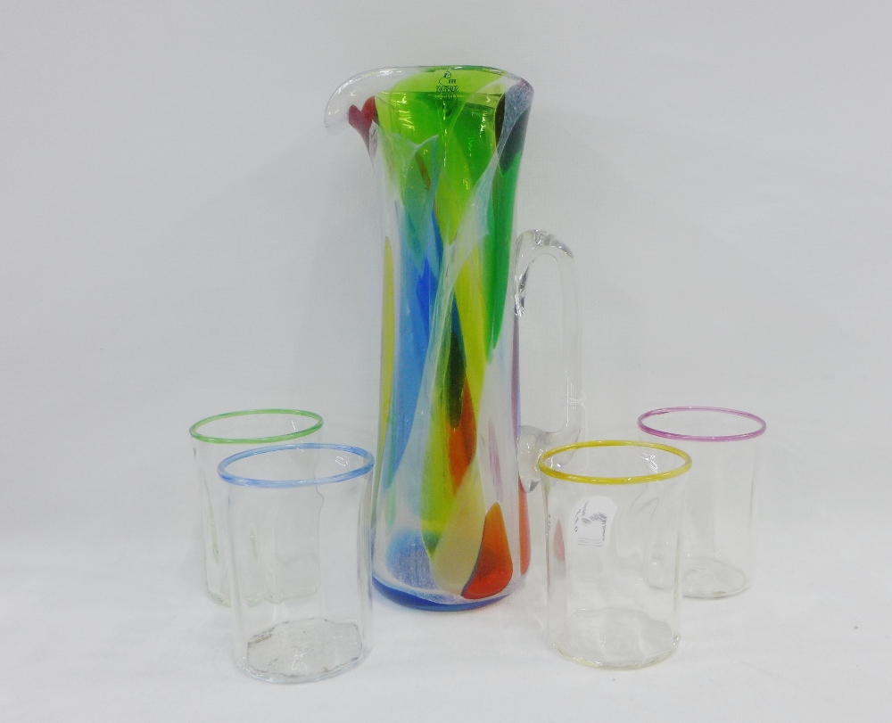 Coloured glass lemonade set to include jug and four beakers, harlequin coloured rims (5)