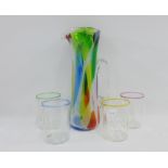 Coloured glass lemonade set to include jug and four beakers, harlequin coloured rims (5)