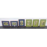 Group of six framed Japanese prints on silk, 17 x 11cm, (6)