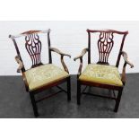 Pair of mahogany open armchairs, with interlaced splat backs, upholstered seats and H stretchers, 82