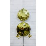 Pair of brass circular wall hanging twin branch wall appliques, 29cm diameter (2)