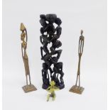 Mixed lot to include two African style bronze figures, a carved woman sculpture and a small brass