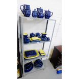 Denby blue and yellow glazed dinner set comprising plates, bowls, cups, teapots, jugs, serving