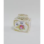 Dresden porcelain floral patterned caddy (cover a/f), blue crossed sword marks to the base, 9cm high