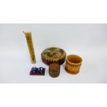 Mixed lot to include Japanese wooden coasters, a basket and instruments to include a drum and