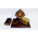 Mixed lot of wooden ware to include an oak rectangular tray, a leaf shaped dish, two mahogany open