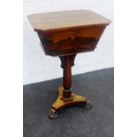 Rosewood work box table of sarcophagus form on column base with hairy paw feet, 74 x 46cm