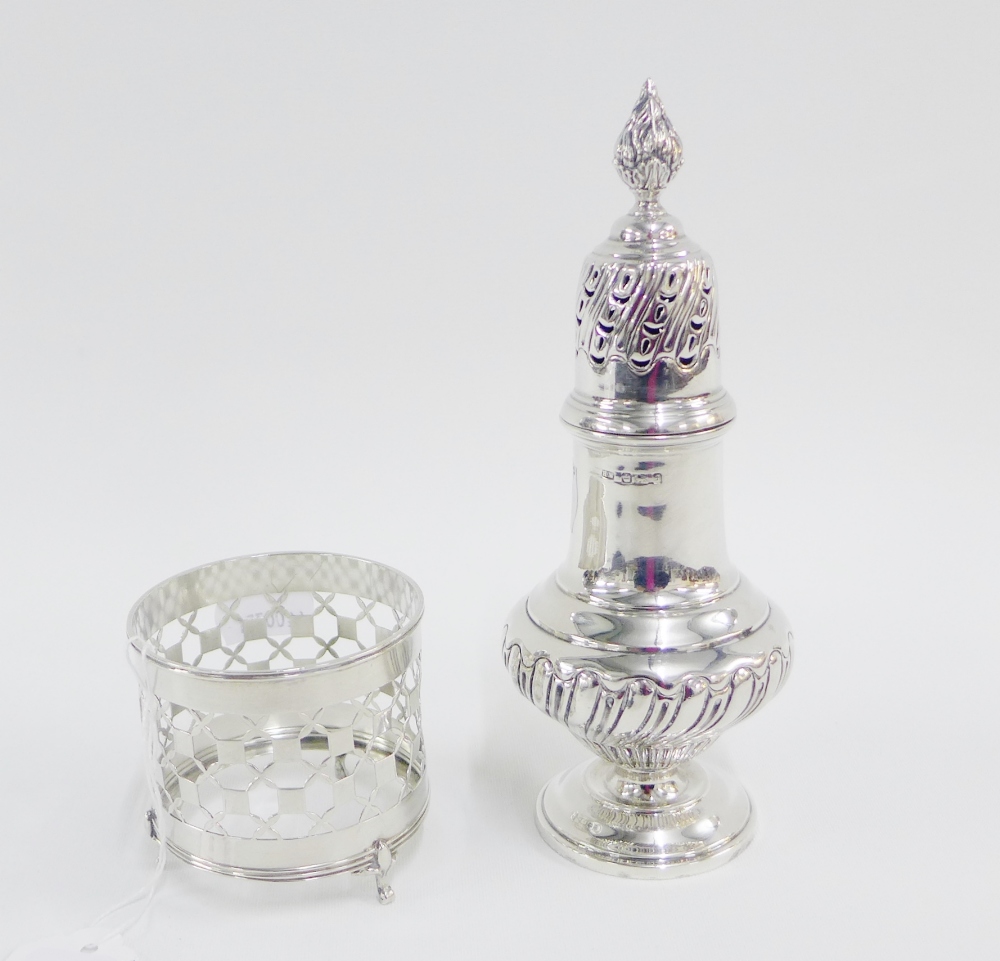 Edwardian silver sugar castor, Sheffield 1910 together with a Birmingham silver cup / glass