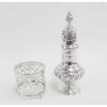 Edwardian silver sugar castor, Sheffield 1910 together with a Birmingham silver cup / glass