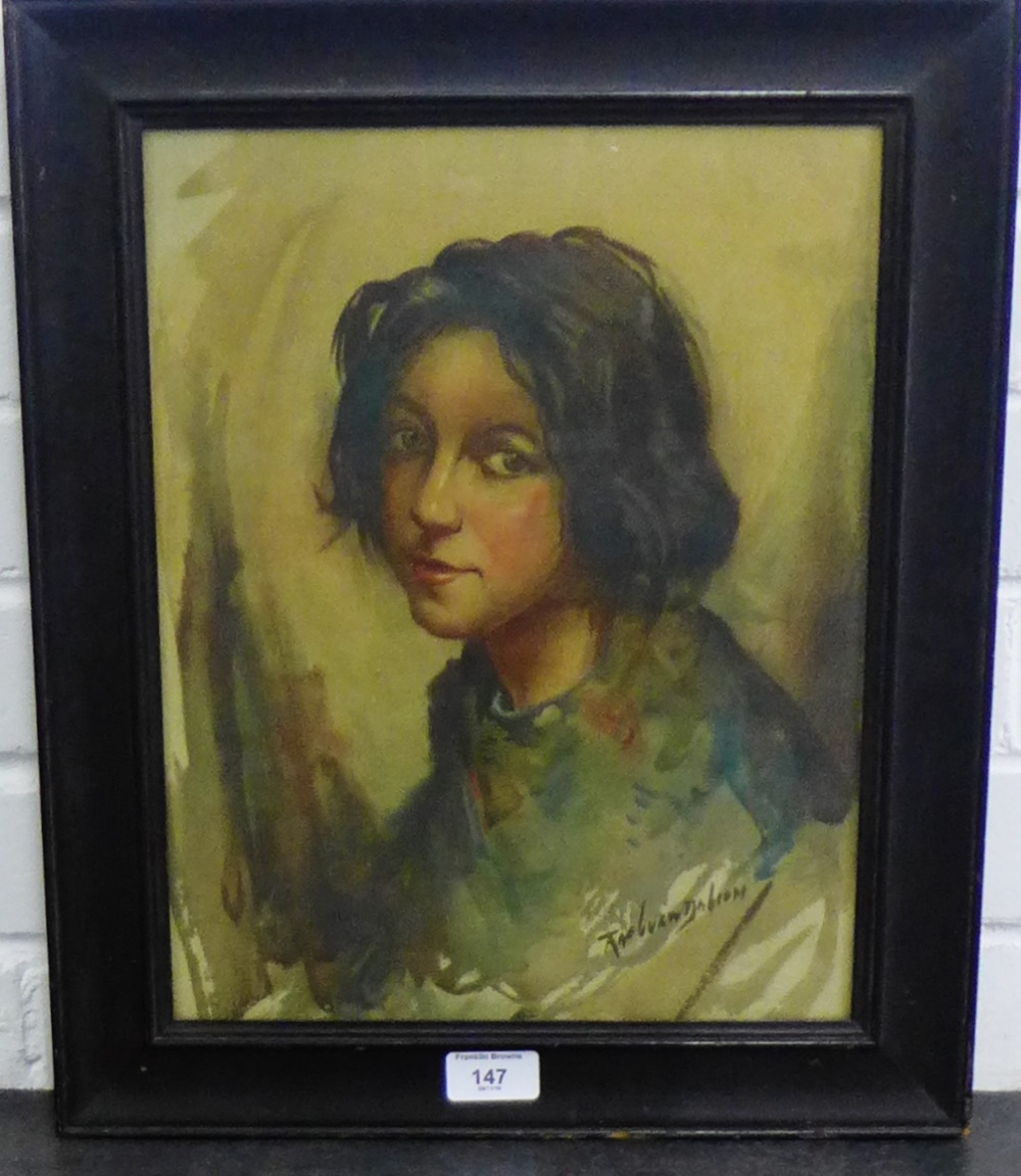 Raeburn Dobson 'Head and Shoulders Portrait of a Young Girl' Coloured Print In a glazed frame, 28