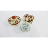 Japanese Satsuma box and cover together with a Satsuma bowl, both 7cm and a porcelain bowl with