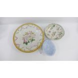 Pair of contemporary Craquelure floral patterned wall plates, together with a similar bowl and a