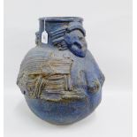 Large blue glazed stoneware studio pottery jar with figures, 42cm high