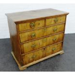 18th century walnut and yewwood chest, the rectangular top with moulded edge over two short and