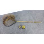 Two fishing reels and a landing net, (3)