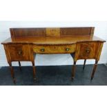 Early 19th century mahogany, kingwood and inlaid stage back sideboard with tambour doors, inlaid