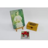 Mauchline ware box, Limoges enamel panel and a Millais print, (3)