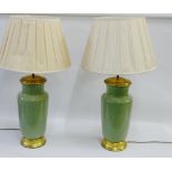 Pair of Celadon glazed and faux giltwood table lamp bases with shades, (2)