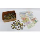 Carton containing a collection of UK and World coins and bank notes (a lot)