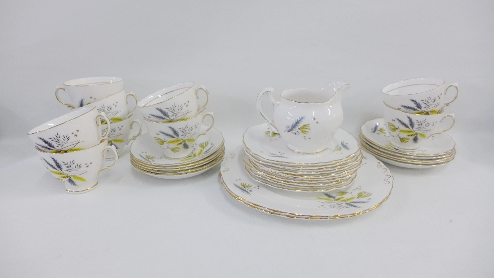 Colclough bone china teaset comprising nine cups, ten saucers, ten side plates, cream jug and two