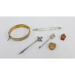 Three silver kilt pins, gold plate on silver stiff hinged bangle, gold plated locket and a Masonic