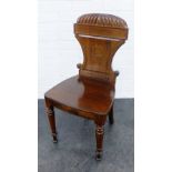 Oak hall chair, with carved top rail, solid seat and turned supports, 88 x 44cm