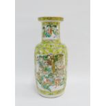 Chinese Qing dynasty Rouleau vase painted in famille verte enamels depicting warriors on horseback