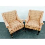 Pair of upholstered arm chairs on cabriole legs with ball and claw feet, 80 x 64cm (2)