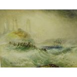 Henry Barlow Carter (1804-1868) 'Stormy Seas and a Lighthouse' Watercolour, signed in a glazed