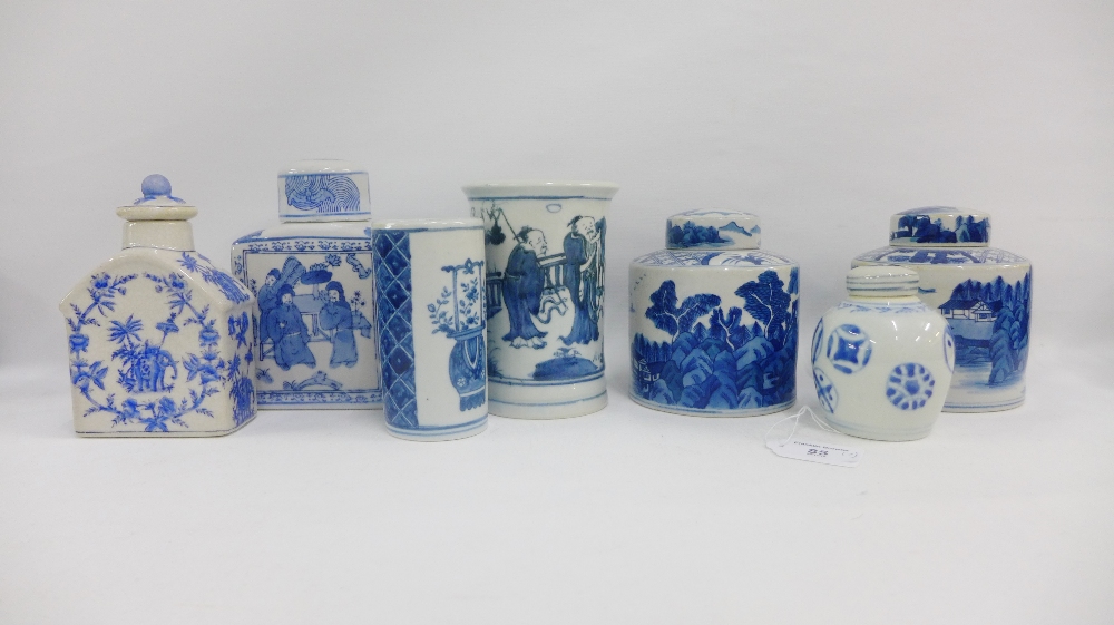 Collection of modern blue and white Chinese pottery to include caddy's with covers and two vases