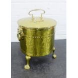 Brass coal bucket and cover with lion handles to side, 50 x 48cm