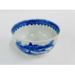 Worcester blue and white teabowl in the Fisherman and Cormorant pattern, with blue crescent mark
